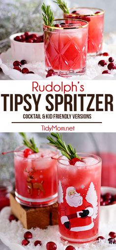 two glasses filled with cranberry soda and topped with rosemary garnish on top