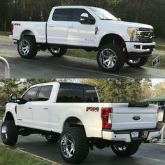 two pictures side by side of a white pickup truck and the same one with chrome rims