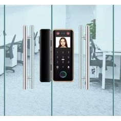 an electronic door phone with a woman's face on the screen and office chairs in the background