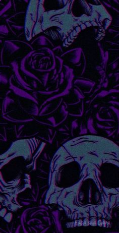 two skulls and roses on a black background with purple hues in the image,