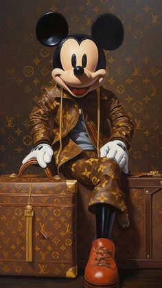 a painting of mickey mouse sitting on top of a suitcase with louis vuitton