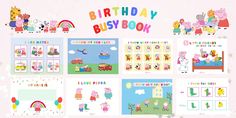 peppa pig birthday busy book is displayed on a pink background with stars and balloons