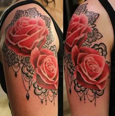 two pictures of roses on the arm and shoulder, one is red with black details