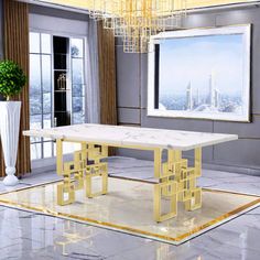 a dining room with a large chandelier hanging from the ceiling and a marble table in the middle