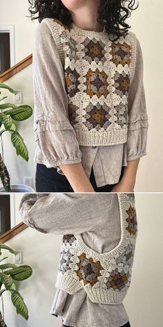 two pictures of a woman wearing a sweater with crocheted flowers on the front and back