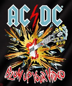 the ac dc logo on a black shirt with red and yellow flames coming out of it