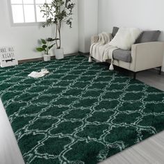 a living room with a green rug and white furniture