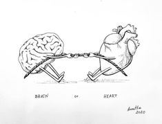 a drawing of two people pulling a heart and brain