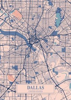 a map of the city of dallas, texas with streets and roads in pastel colors