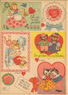 an old valentine's day card with cats and hearts