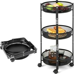 three tiered serving cart with trays on wheels, and an open basket for food