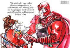 a drawing of a man in a red suit pushing a shopping cart with two children