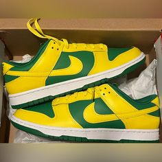 Brand New Never Worn Size Men 10.5/ Women’s 12 Nike Dunk In The Reverse Brazil Colorway. Comes In Og Box That Has Slight Damage Shown In The Pics. Nike Urban Custom Green Sneakers, Nike Urban Green Custom Sneakers, Urban Nike Custom Green Sneakers, Yellow Urban Custom Sneakers For Streetwear, Urban Style Yellow Custom Sneakers For Streetwear, Neon Yellow Sneakers With Rubber Sole For Streetwear, Yellow Skate Shoes For Streetwear, Yellow Urban Skate Shoes For Streetwear, Yellow Low-top Basketball Shoes For Streetwear