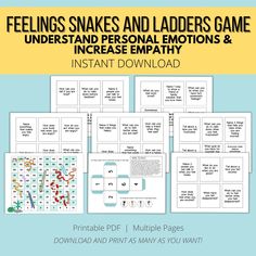 Use this feelings therapy board game as a play therapy or counseling activity to help kids build emotional competency and empathy. This counseling printable game is filled with kids therapy questions and conversation starters to improve understanding of one's own feelings and the emotions of others. It can be used in individual therapy or in a small group therapy session for kids, teens and even adults. What you are getting: 1. 1 Board Game page 2. 6 pages of prompts and questions related to view of self (36 questions total) 3. 1 dice template 4. 4 game pieces to print and use Laminating and/or card stock is always recommended for long term use. Sizing: This Download is an 8.5x11 PDF How to Print: 1. Log into your Etsy account 2. Click the -You- tab 3. Scroll and Click -Purchases and Revie Kids Therapy, Play Therapy Activities, Feelings Games, Therapy Questions, Dice Template, Therapy Activity, Individual Therapy, Counseling Activities, Child Therapy