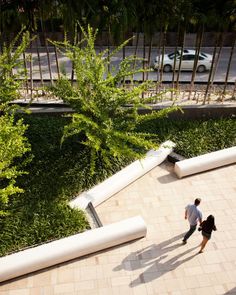 two people walking down a sidewalk next to trees