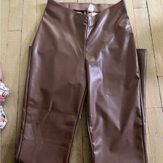 Never Worn. Pleather Pants With V-Line And Flared Brown Pants For Going Out In Fall, Casual Brown Leather Pants For Party, Brown Full Length Pants For Night Out, Fitted Brown Bottoms For Going Out, Brown Pants For Night Out, Brown Straight Pants For Night Out, Brown Fitted Bottoms For Going Out, Stretch Bottoms By H&m For Fall, Brown Full-length Pants For Night Out