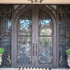 wrought iron double door with round top and scrollwork Double Entry Door, Aluminum Doors, Double Doors Exterior, Iron Entry Doors, Door Sweep, Double Entry Doors, Double Entry, Wrought Iron Doors, Metal Screen