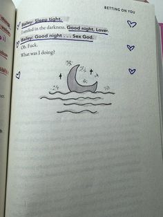 an open book with writing on it and a drawing of a moon in the middle