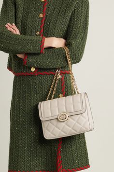 Inspired by styles from Gucci's archives, this boxy 'Deco' shoulder bag is made from quilted leather and accented with the brand's interlocking 'GG' logo. Adjust the chain strap to carry it on your shoulder or as a top handle. Gucci Deco Bag, Quilted Bag Outfit, Cream Bag, Cream Bags, Luxury Clothes, Bag Gucci, Gg Logo, Gucci Fashion, Bag Collection