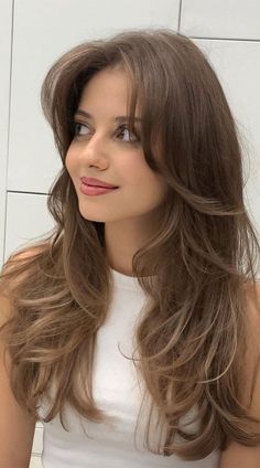 #promhairstyle Cute Haircuts Curtain Bangs, Curtain Bangs With Layers Brown Hair, Cute Haircut With Layers, Hair Cut Ideas Girls, Long Layers Face Frame Curtain Bangs, Curtain Bangs With Butterfly Cut, Brunette Hair Cuts Long Face Framing, Haircuts Layers And Curtain Bangs, Butterfly Haircut Long Layers