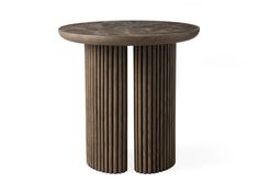 a round wooden table with two columns on the top and one column at the bottom