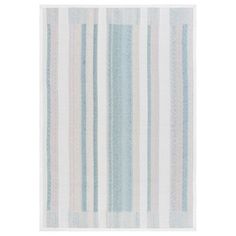 a blue and white rug with vertical stripes