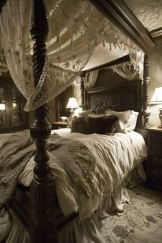 an old fashioned bedroom with four poster bed