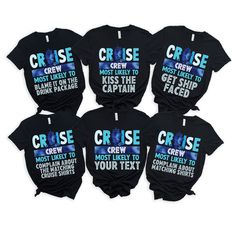 "Custom Cruise Crew Most Likely To Shirt, Family Matching Cruise Shirt, Birthday Cruise Shirts, Cruise Shirt, Group Cruise Shirt * Processing time is 1 business day (there may be exceptions during holiday seasons). Delivery time is based on your shipping type selection and location. Please check the estimated delivery times at checkout and upgrade the shipping at checkout if you need it sooner. * All items are made-to-order. Because of the nature of these items, unless they arrive damaged or defective, we cannot accept return or exchange. * Please review the all size charts displayed in the product images.  * Please note that the sizing chart includes the measurements of one side of the shirt, not the circumference.  * Sizing might differ 1\" (+-) from brand to brand. We recommend you to s Cruise Hats, Birthday Cruise Shirts, Group Cruise Shirts, Birthday Cruise, Group Cruise, Cruise Shirts, Cruise Shirt, Beverage Packaging, Matching Shirts