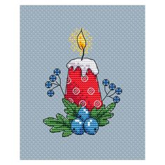 a red candle with blue berries and green leaves is shown in this cross stitch pattern