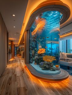 an aquarium in the middle of a room with wooden flooring and walls that have fish on them