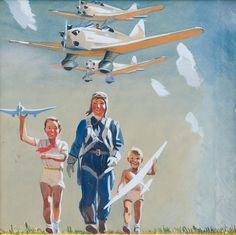 a painting of three people and an airplane in the sky above them is a man with two children