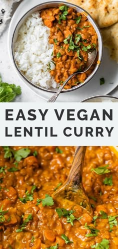 easy vegan lentil curry with rice and pita bread