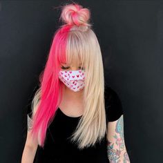 Hot Pink And Blonde Hair, Hair Color Suggestions, Grunge Barbie, Pink And Blonde Hair, Pink Hair Streaks, Cool Blonde Hair Colour, Color Block Hair, Red Hair Looks, Warm Hair Color