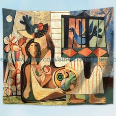 an abstract painting of two women sitting in front of a window with birds and flowers on it