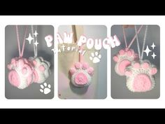 three pictures of pink and white crocheted purses with paw prints on them