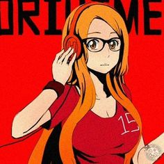 an anime character with long blonde hair and glasses holding a red phone to her ear