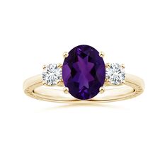 Three Stone GIA Certified Oval Amethyst Reverse Tapered Shank Feather Ring Feather Ring, Amethyst Ring, Three Stone, Amethyst, Yellow Gold, Rose Gold, Ring, Stone, Gold