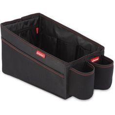 two black storage bins with red stitching