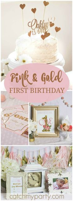 pink and gold first birthday party with cake, cards, napkins and other items