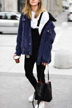 Black dungarees are just as popular as stonewash and look great paired with a simple tee and coat. | Wardrobe Items We Are Loving for Winter Dungarees Outfit Winter, How To Wear Dungarees, Winter Wardrobe Capsule, Dungarees Outfit, Coat Wardrobe, Wardrobe Capsule