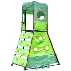 a green and yellow play structure with holes in the bottom half, on white background