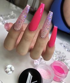 Untitled Hot Pink Nails With Glitter, Pink Nails With Glitter, Bright Pink Nails, Nails With Glitter, Hot Pink Nails, Drip Nails, Bling Acrylic Nails