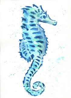 a watercolor painting of a seahorse in blue and green colors on white paper