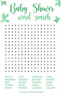 the baby shower word search is shown in green and white with leaves on it's side