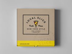 a box of local slice new york style pizza on a gray background with yellow border