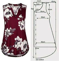 a women's top with floral print on the front and side, measurements for it