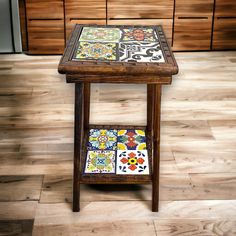 Handmade Mexican Accent End Table | Talavera Tiles, Wood Side Table Mexican Table, Tile Furniture, Talavera Tile, Tile Wood, Wood Side Table, Talavera Tiles, Vibrant Patterns, Authentic Mexican, Side Table Wood