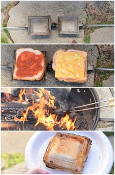 toasted sandwiches being cooked over an open fire