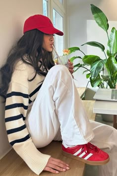 emilysupit on Instagram, red cap and red adidas gazelle comfy casual outfit, pink nails, stripey jumper, stripey pyjama, stockholm aesthetic scandinavian plant matcha Red Cap Outfit, Red Adidas Outfit, Red Sneakers Outfit, Red Adidas Shoes, Red Shoes Outfit, Adidas Samba Outfits, Adidas Samba White, Samba Outfits