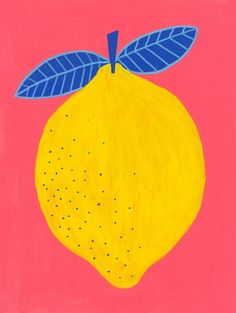 a painting of a yellow lemon with blue leaves on it's tip, against a pink background